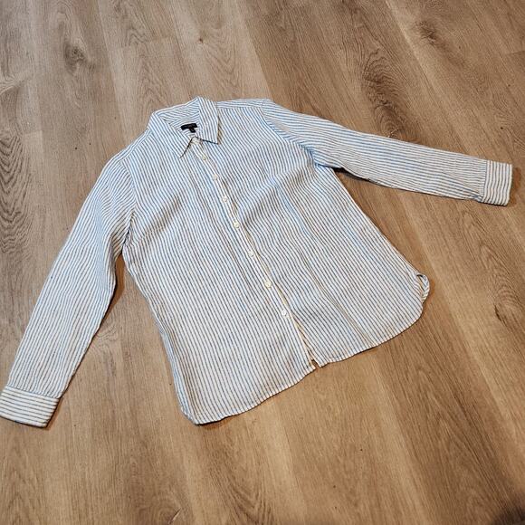 Talbots Petites Top Womens Medium Blue White Stripe Linen Long Sleeve Button Up - Picture 1 of 7